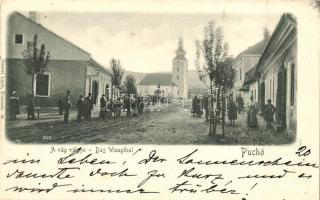 Puhó, Púchov; Vág völgye, utcakép templommal. Gansel Lipót 40. / street view with church