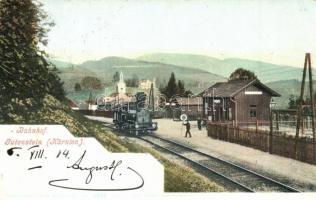 Ravne na Koroskem, Gutenstein; Bahnhof / railway station with locomotive. Chromokarte Leon Klagenfurt No. 1200. (EK)