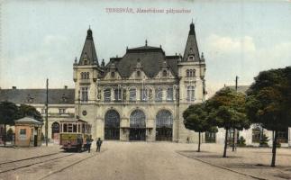 Temesvár, Timisoara; Józsefvárosi vasútállomás villamossal. Bettelheim Miksa és társa / railway station with tram