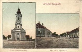 Őcsény, Református templom és iskola, utcakép a paplakkal. Kovács Benő kiadása