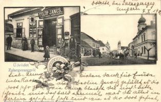 Zalaegerszeg, utcakép, Fülöp János könyvárus és könyvkötő üzlete és saját kiadású képeslapja, floral
