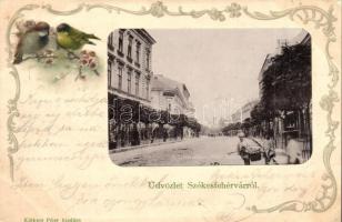 Székesfehérvár, Nádor utca délről nézve, Klökner Péter madárkás Art Nouveau litho képeslapja (EK)