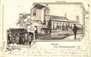 Nagyszeben, Hermannstadt, Sibiu; Nagy körút, Karl Graef Könyvkereskedése és saját kiadású képeslapja / street view, book shop, floral Art Nouveau