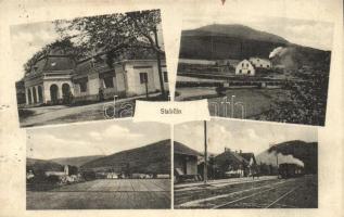 Takcsány, Stakcín; vasútállomás induló vonattal, Gróf Wenckheim kastélya, Fűrésztelep / railway station, castle, saw mill