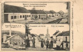 Gyanafalva, Jennersdorf; Mauer féle vegyeskereskedés, Johann Furjan vendéglője, Fő tér a templommal, Gőztéglagyár. Anton Krauss kiadása / shop, main square with church, brick factory, Art Nouveau (b)