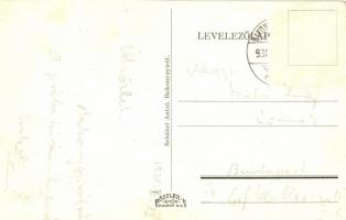 Bakonygyirót, vasútállomás, utcakép üzlettel és automobillal, Római katolikus templom. Kiadja Schábe...