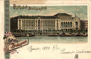 1899 Budapest V. Vigadó a Duna felől nézve, Regel &amp; Krug Art Nouveau litho