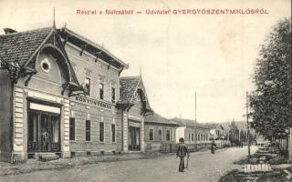Gyergyószentmiklós, Gheorgheni; Fő utca, Sándory Mihály Könyvnyomdája és saját kiadású képeslapja / main street with book printing shop (képeslapfüzetből / from postcard booklet)