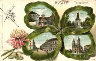 Temesvár, Timisoara; Erdélyi laktanya, Gyárváros, Scudier szobor; lóherés litho. Kiadja Káldor Zs. és Társa / military barracks, statue; clover, floral, Emb. litho (kis szakadás / small tear)