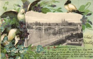 Basel, Wettsteinbrücke mit Münster / bridge, birds, litho frame
