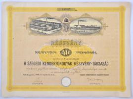 Szeged 1940. A Szegedi Kenderfonógyár Részvény-Társaság részvénye 40P értékben, szárazpecséttel és szelvényekkel T:II-  / Hungary / Szeged 1940. A Szegedi Kenderfonógyár Részvény-Társaság share about 40 Pengő, with embossed stamp and coupons C:VF