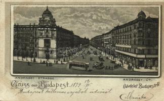 1899 Budapest VI. Andrássy út, villamos, litho