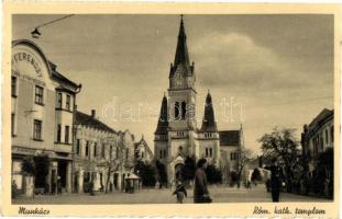 Munkács, Munkacheve; Római katolikus templom, Ferenczy gyógyszertár, F. Schönfeld üzlete / church, pharmacy, shops