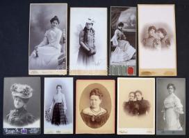 cca 1890-1900 Női portrék, 9 db (Ferenc és Tsa (Kolozsvár), Kiss József (Eger), Singer J. (Ujvidék), 2 db Uher Ödön (Budapest), Pribék Antal (Székesfehérvár), Weisz Hugó (Arad), Kossak József (Budapest), Pietsch (Szabadka)), változó méretben, jó állapotban.