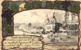 Marosvásárhely, Targu Mures; Széchenyi tér, Holbach Ede kiadása, Humoros részeges lap Art Nouveau litho keretben / square, drunk montage, Art Nouveau litho frame