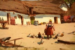 Pörge Gergely (1858-1930): Élet a tanyán. Olaj, vászon, jelzett, 32×44 cm
