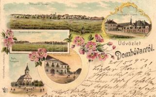 1901 Dombóvár, vasútállomás, Főszolgabírói hivatal, Korona szálloda, floral, Art Nouveau litho