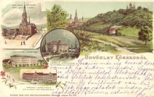 1898 Kőszeg, Hideg vízgyógyintézet, Római katolikus templom, laktanya, Katonai alreáliskola, Róth Jenő floral litho (Rb)