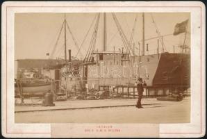 cca 1890 SMS Bellona fregatt az isztriai kikötőben. Aloys Beer fotója / K.u.k. Navy fregatt SMS. Bellona. 17x11 cm