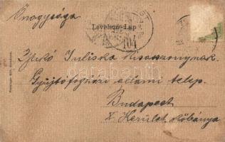 Komárom, Komárno; Szentháromság szobor Mészáros András üzletével, címeres, Art Nouveau litho keret. ...