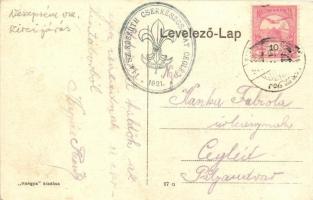 Magyarszombathely, Fő utca részlete, Hangya bolt "1921 144. sz. Kossuth Cserkészcsapat Cegléd&q...