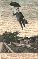 1904 Budapest XII. Kirándulás a Svábhegyi fogaskerekű vasúthoz. Széchenyi hegyi állomás. Esernyős repülő úriember montázs / flying man with umbrella montage (EK)