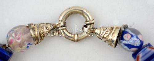 Millefiori karkötő ezüst (Ag.) kapoccsal, egyik szemen apró csorbával, 11+2 db üvegszemmel, jelzett ...