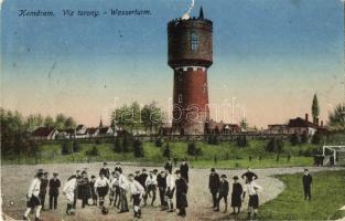Komárom, Komárno; Víztorony, az előtérben fiúk futballoznak, K. J. Bp. / water tower, boys playing football in the foreground (b)