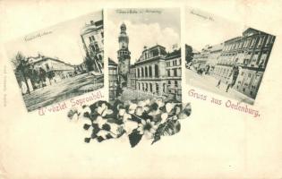 Sopron, Oedenburg; Erzsébet utca, Városháza, torony, Széchenyi tér, Carl Schwarz floral
