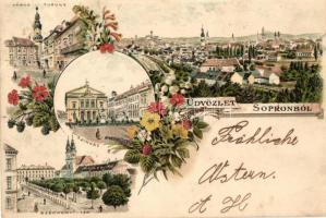 1898 Sopron, Oedenburg; Várostorony, színház, Széchenyi tér, floral litho  (Rb)