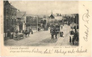 Sopron, Oedenburg; Kossuth út feldíszített magyar címeres villamossal. Kummert L. (vágott / cut)