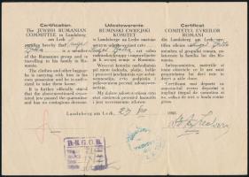 1945 Landsberg am Lechben a Zsidó Román Bizottság által kiállított, három nyelvű, hazatérésre jogosító igazolvány deportált részére. / 1945 Three language Id for deported person. Issued by the Jewish Romanian Committee
