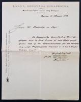 1876 A budapesti Láng Gépgyár tisztviselőjének német nyelvű fejléces levele üzleti ügyben