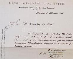 1876 A budapesti Láng Gépgyár tisztviselőjének német nyelvű fejléces levele üzleti ügyben