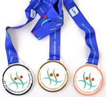 2006. 28. Úszó-Európa-Bajnokság / Szinkronúszás jelzett Herendi porcelán díjérem (3x) arany, ezüst és bronzérmek, angol nyelven feliratozva, mellszalaggal, eredeti szervezői (?) kartondobozban (85,5mm) T:1 / Hungary 2006. 28th European Swimming Championship / Synchronised Swimming marked Herendi porcelain medal (3x) gold, silver and bronze medals, in english language on ribbon, with genuine organizers(?) cardboard box (85,5mm) C:UNC
