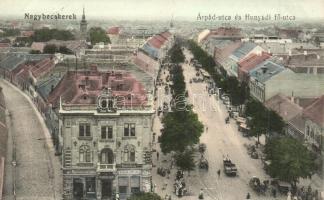 Nagybecskerek, Zrenjanin; Árpád és Hunyadi fő utca, Kelemen, Schneider Lajos, Kugler Lipót és fia és Tolveth Károly üzlete; Schneider János kiadása / street view with shops