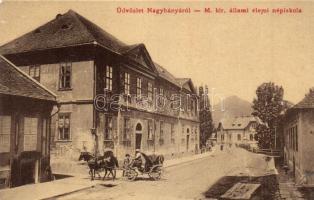 Nagybánya, Baia Mare; Állami elemi népiskola, utcakép. W. L. 2366. / school with street (ázott / wet damage)
