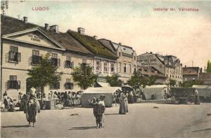 Lugos, Lugoj; Izabella tér, Városháza, piac, Fernlicht Manó üzlete / square, town hall, market, shops (vágott / cut)