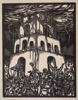 Divéky József (1887-1951): Toronyépítész (Turmbau). Fametszet, papír, jelzett, 20×15 cm