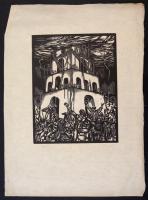 Divéky József (1887-1951): Toronyépítész (Turmbau). Fametszet, papír, jelzett, 20×15 cm
