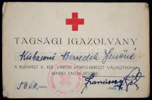Budapest, X. kerületi Vöröskereszt tagsági igazolvány, pecséttel, aláírással.