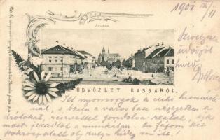 Kassa, Kosice; Üdvözlet Fő utcával. Vitéz A. kiadása / street view, floral