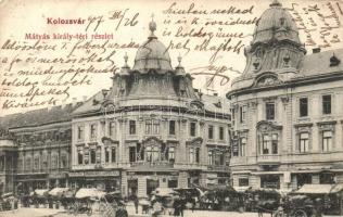 Kolozsvár, Cluj; Mátyás király tér, Jeney Lajos, Deutsch József, Frank és Kiss János fiai üzlete, biztosítók, piac / market square, shops, insurance companies