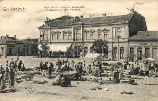 1928 Gyulafehérvár, Alba Iulia; Napi piac, Hungária szálloda, Párizsi Nagy Áruház, Gruninger Gy. üzlete / market square, hotel, shops