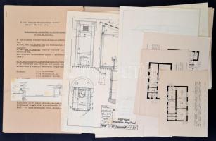 cca 1920-1940 M. Kir. Közegészségügyi Intézet nyomtatványai, tervrajzok (padlástartályos-, hidrofonos fürdőberendezés, egyrészes lengőléces-, nyitott tömeg-, lengőléces árnyékszék, egészségházak a, b1, b2, g, k, ), leírások (egészségházak vizvezeték- és fürdőberendezésének leírása és müködése, lengőléces árnyékszék leírása), valamint a Közegészségügyi intézet bejáratát ábrázoló képeslap, változó méretben, többnyire jó állapotban.
