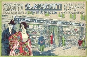 Venice, Venezia; G. Morettis leather goods, Murano glass, Venetian shawls shop, advertisement card (non PC) (EK)