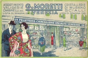 Venice, Venezia; G. Moretti's leather goods, Murano glass, Venetian shawls shop, advertisement card (non PC) (EK)