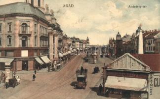 Arad, Andrássy tér autóbusszal, Deutsch Testvérek és Gluck Dezső üzlete / square with autobus, shops