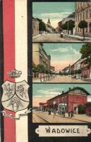 Wadowice, Boze, Zbaw, Polske / Railway station with street views, coat of arms, Polish flag
