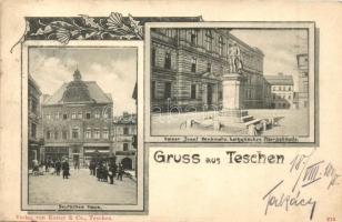 1898 Cieszyn, Teschen; Deutsches Haus, Kaiser Josef Denkmal, Katolisches Pfarrgebäude / German house, statue, parish, Art Nouveau von Kutzer & Co. (slightly wet corner)